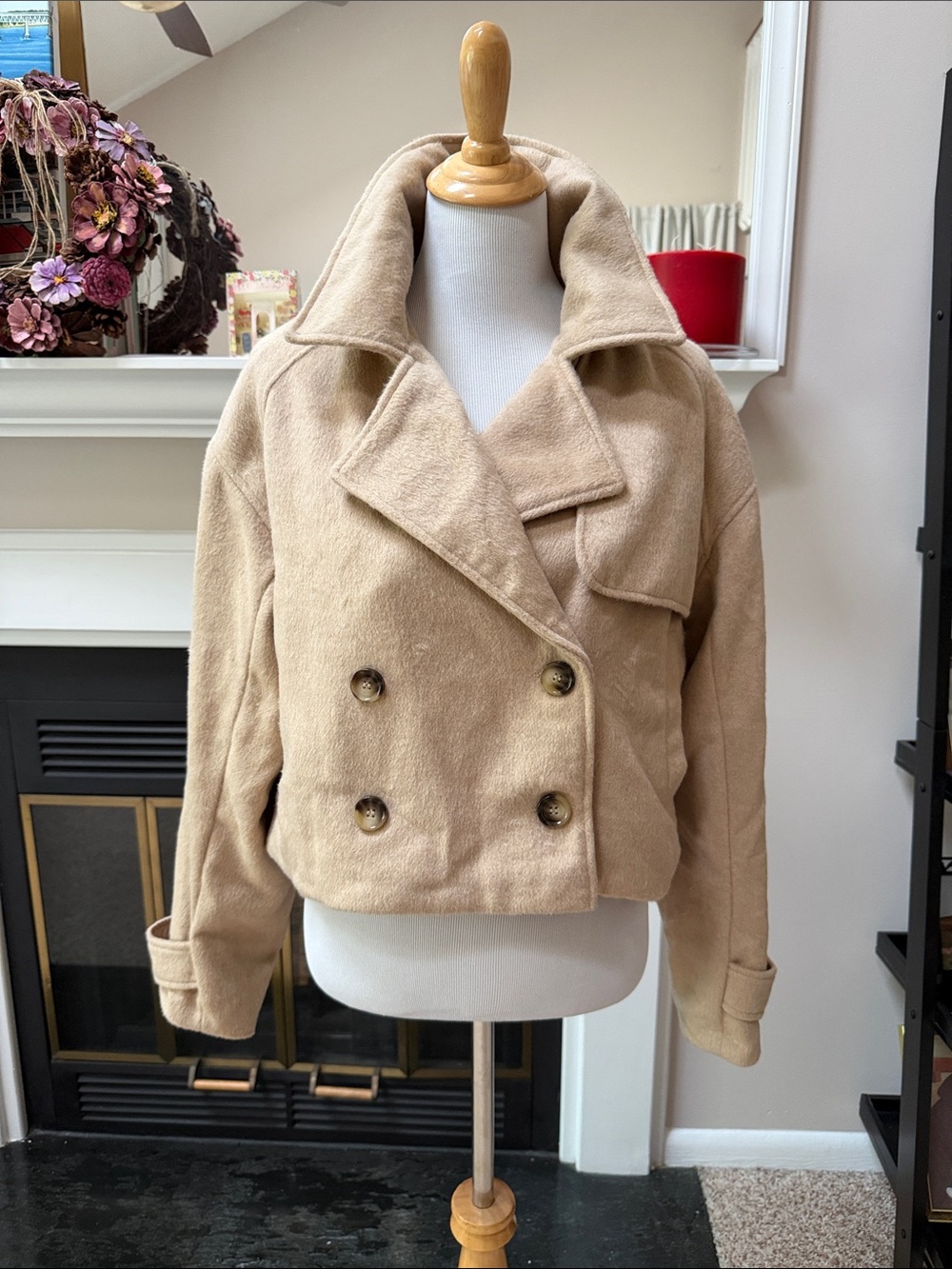 RSQ Cropped Double-Breasted Peacoat Jacket - Beige